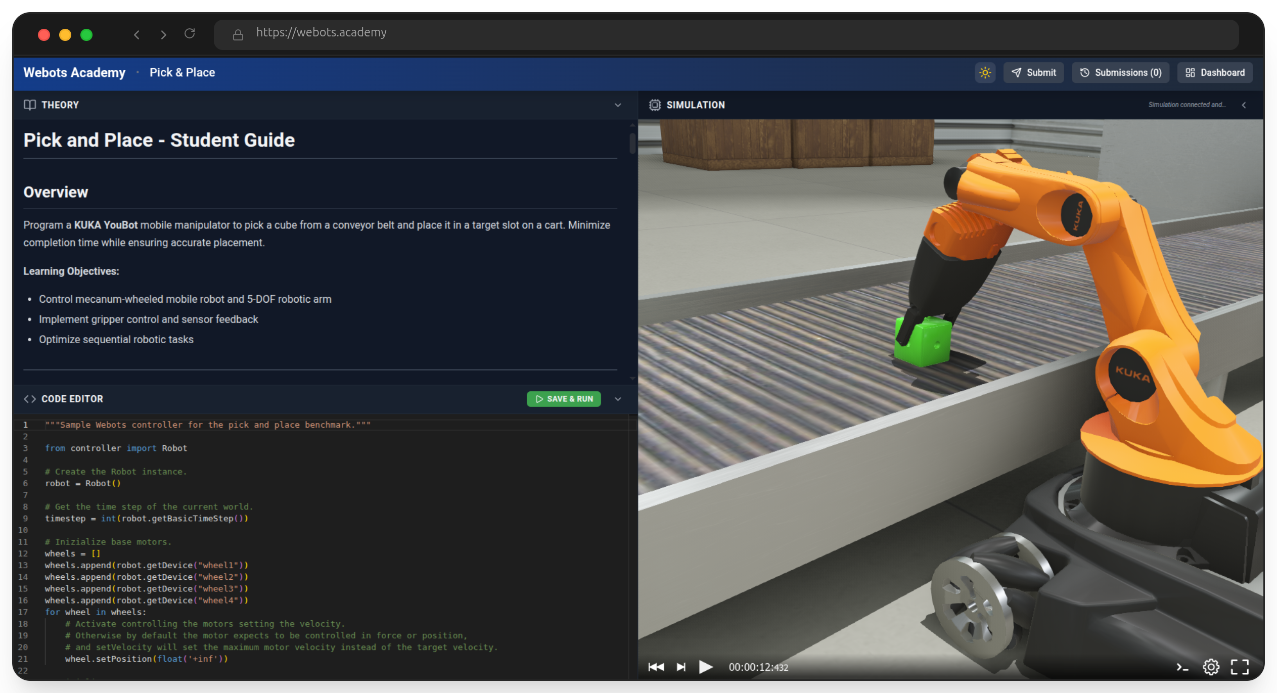 Webots Academy classroom and simulation interface